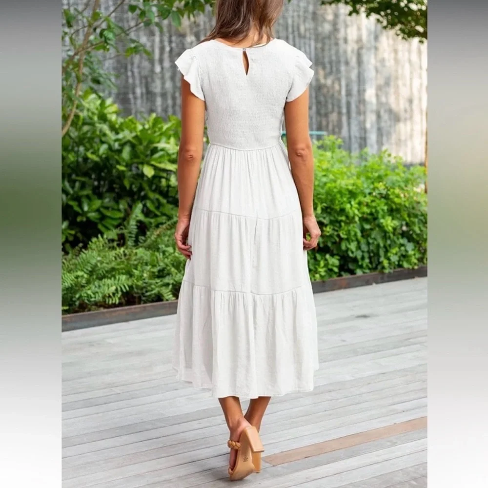 Merokeety Women’s Flutter Short Sleeve Smocked Midi Tiered Dress White size M - Picture 2 of 6